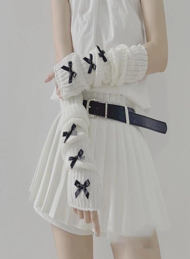 POHADON Women Knitted Arm Warmers Y2k Long Fingerless Gloves Cute Bow Arm Sleeve Cosplay Lolita Gyaru Accessories (White-black bow,One Size) - Image 4